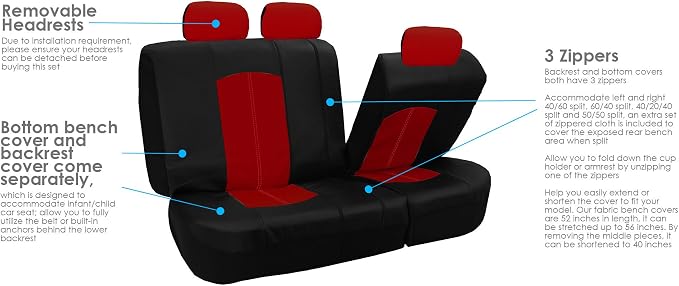 FH Group Perforated Leatherette Three Row Set 7 Seater Car Seat Covers, Airbag Compatible and Split Ready- Universal Fit for Cars, Trucks & SUVs Red