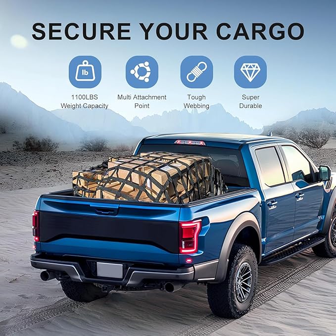 Cargo Net for Pickup Truck Bed, 82" x 50" Heavy Duty 1100LBS Capacity, Adjustable Cam Buckles & S-Hooks, Thick Herringbone Nylon Mesh with Drawstring Storage Bag for Trailers and Trucks