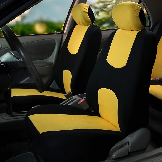 FH Group Car Seat Covers Flat Cloth Front Seats Only Yellow Automotive Seat Cover, Airbag Compatible Universal Fit Interior Accessories Cars Trucks SUV Combo Steering Wheel Cover & Seat Belt Pads