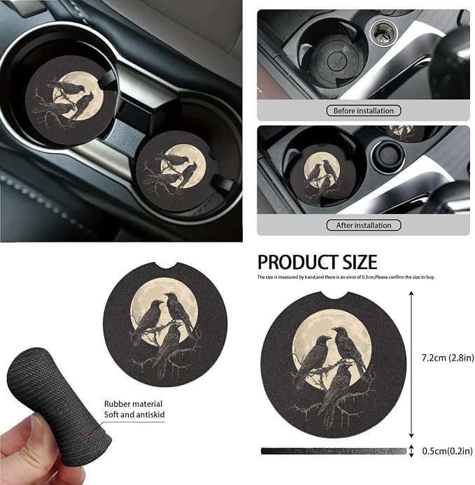 Crow Moon Pattern 13 Pieces Car Interior Accessories, Stretchy Auto Seat Covers Set of 4, 1 Piece Steering Wheel Cover, Breathable Safe Belt Pads Set of 4, 4PCS Cup Coasters