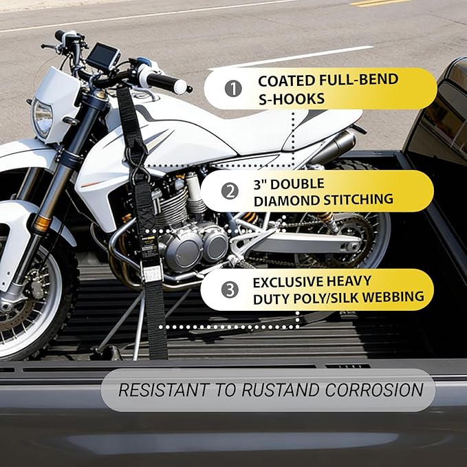 Motorcycle Tie Down Straps - 3,000lb Break Strength, 1.5 in X 8FT Heavy-Duty Cambuckle Tie Down Set with S Hook and Soft Loops - Better Than a Ratchet Strap Black
