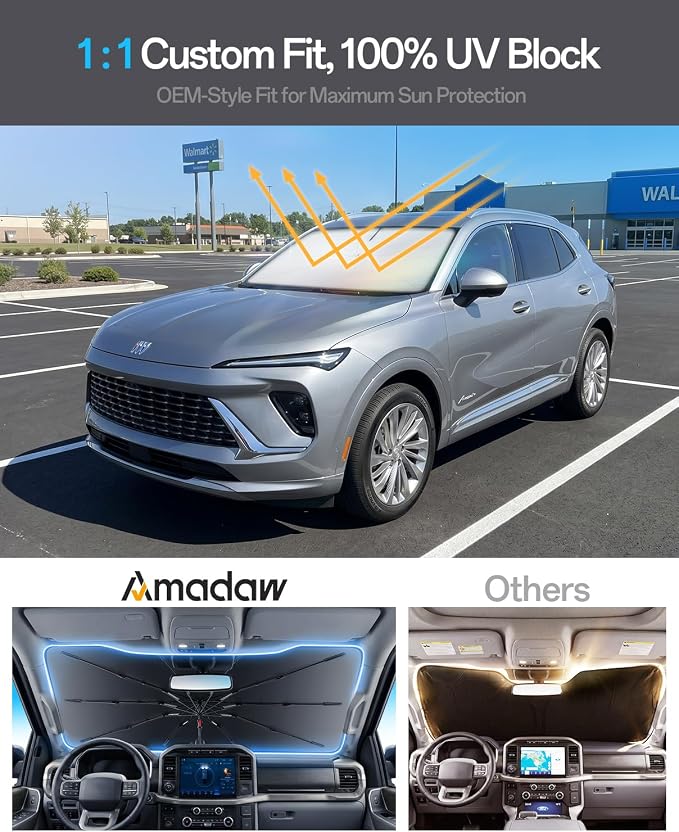 Windshield Sun Shade for Buick Envision 2016–2026, Foldable Umbrella Sunshade with 100% UV Block, Multi-Layer Heat Insulation, Reinforced 10-Rib Frame, Keeps Car Cooler