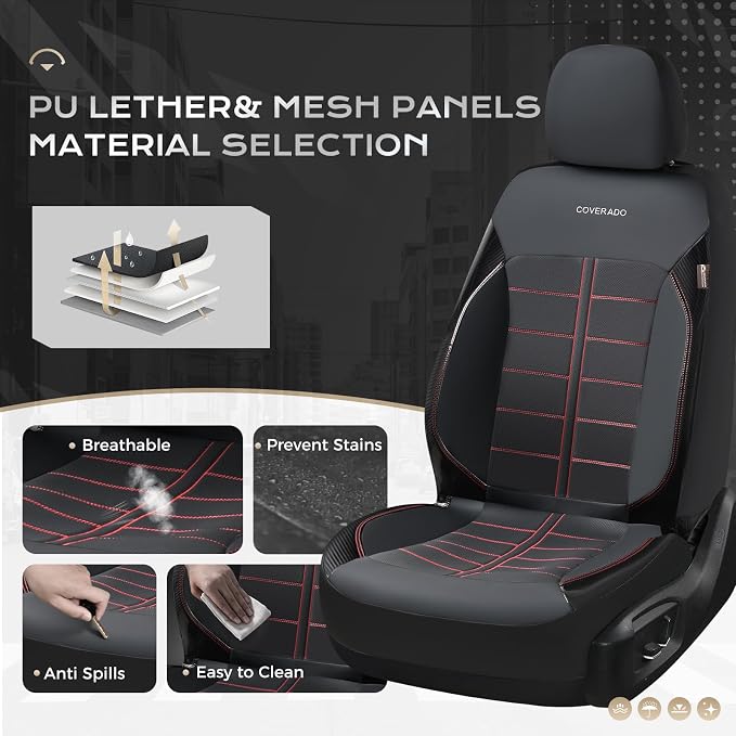 Coverado Full Set Leather Car Seat Covers, Crafted with Full Leather Construction and Carbon Fibre Weave Universal Fit for Most Cars SUV Trucks(Redline