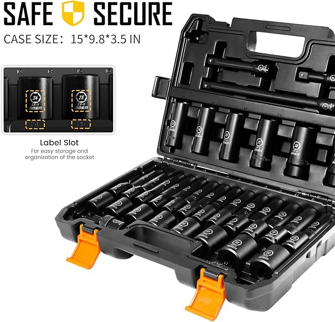 1/2" Drive Impact Socket Set, 45 Piece Deep & Shallow Metric Socket Set 9mm to 32mm + 1/2" Drive Ratchet Wrench