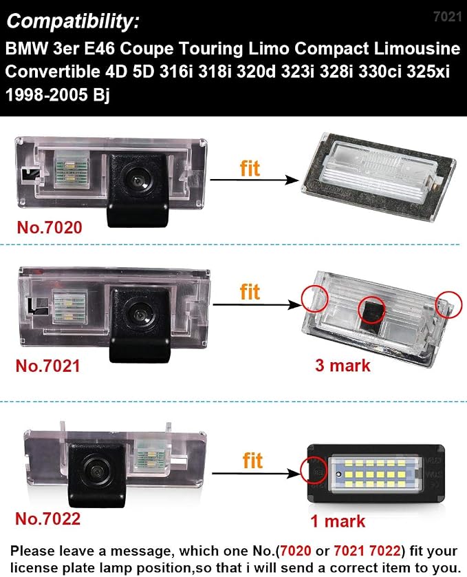 Waterproof License Plate Rear View Backup Camera,Night Vision Reversing Camera Replacement for BMW 3er E46 316i 318d 318i 320d 320i 323i 325i 325xi 328i 330d 330i 330xd 330xi 316Ti(No.7021)