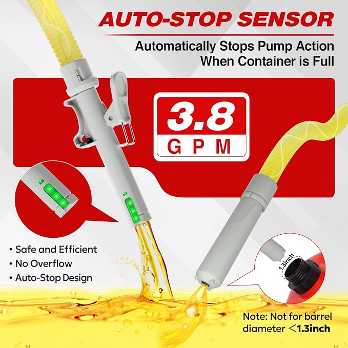 Keimi Portable Fuel Transfer Pump with Auto-Stop, 3.8 Gallon per Min, 51" Extra Long Hose, Battery & USB Powered, 4 Can Adapters, Leak-proof Gas Pump for Oil, Diesel and Gasoline