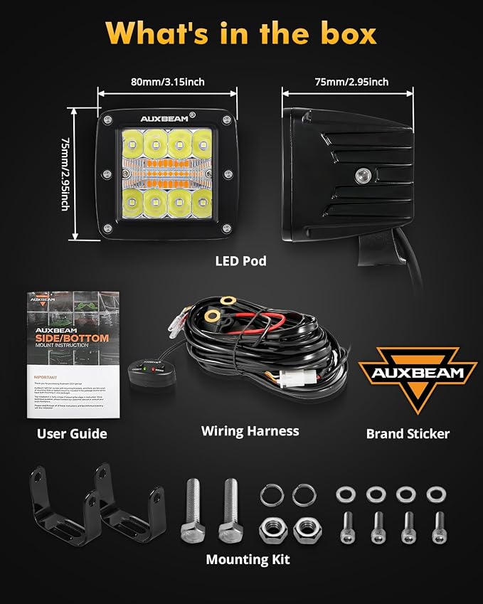 Auxbeam 6 Modes Amber White Series 3-Inch LED Cubes 72W Offroad Pod Lights | Flashing strobe function, Spot flood combo, Dual color light bar, Memory reset, A-pillar ditch lights, Bumper fog lights