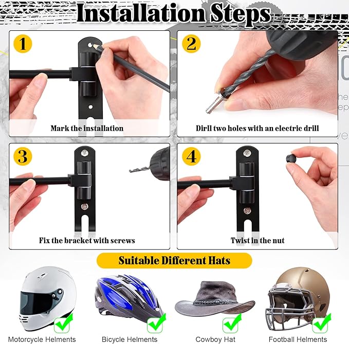 Shimeyao Motorcycle Helmet Rack Wall Mount Helmet Holder 180° Rotation Motorcycle Gear Hanger Display Stand with 2 Hooks for Men Women, Bike Coats, Caps, Jacket, Glove Sportswear Accessories