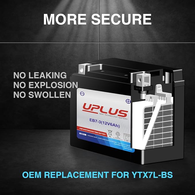 UPLUS YTX7L-BS Motorcycle ATV Battery, EB7-3 Maintenance Free 12V 6AH SLA Batteries Snowmobile Scooter AGM Battery, Replacement for YTX7L-4, LTX7L-BS,NTX7L-BS,FTX7L-BS,ETX7L-BS,CTX7L-BS,GTX7L-BS,GSX7L