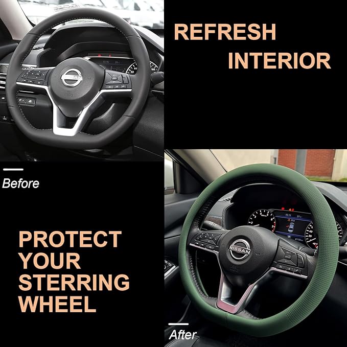 PINCTROT D Shaped Nappa Leather Steering Wheel Cover, Slim Fit No Bulk Design, One Piece Leather with Breathable Perforation, Fit Like Gloves, Flat Bottom 14.5-15 Inch(Nappa Green)