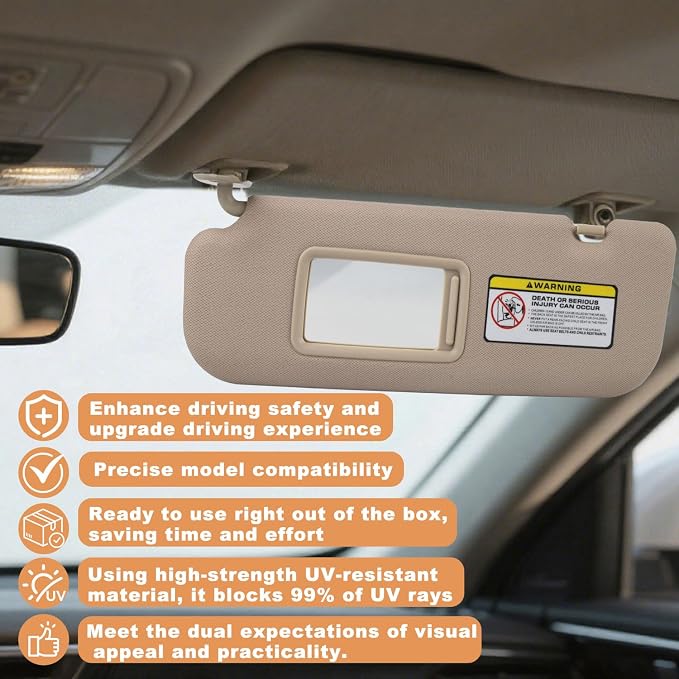 Pair Sun Visor Compatible with 2011-2016 Hyundai Elantra (Not for GT Models), Driver & Passenger Side Sunvisor Replacement Kit with Clips & Screws, Replaces OEM 85210-3X040-TX (Color Beige)