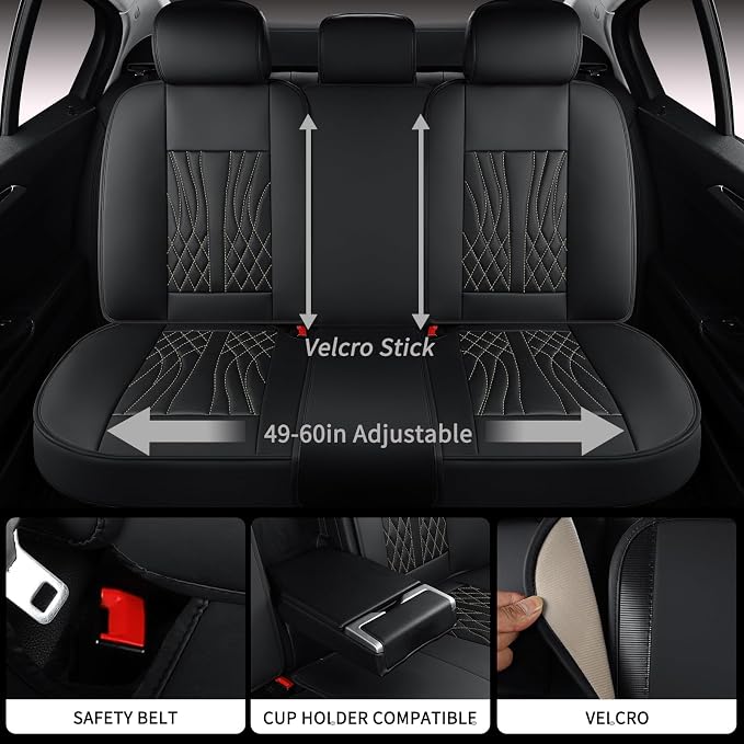 MINGBRON Leather Car Seat Covers 5 Pieces, Full Set Universal Seat Covers for Cars, Waterproof Nappa Leather Auto Seat Protectors, Black Car Seat Cover Most Sedans SUV Pick-up Truck Black&BeigeLine