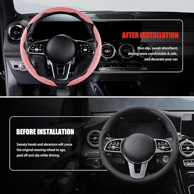 Nappa Leather Car Steering Wheel Cover for Men Women, Ultra-Thin Non-Slip Breathable Microfibre, Universal for 14.5"-15" Steering Wheel - Pink