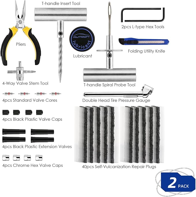 AUTOWN Flat Tire Repair Kit with Plug 68 Pcs for Car, Motorcycle, ATV, Jeep, Truck, Tractor Flat Tire Repair (2-Pack) (Set of 2-68pcs)