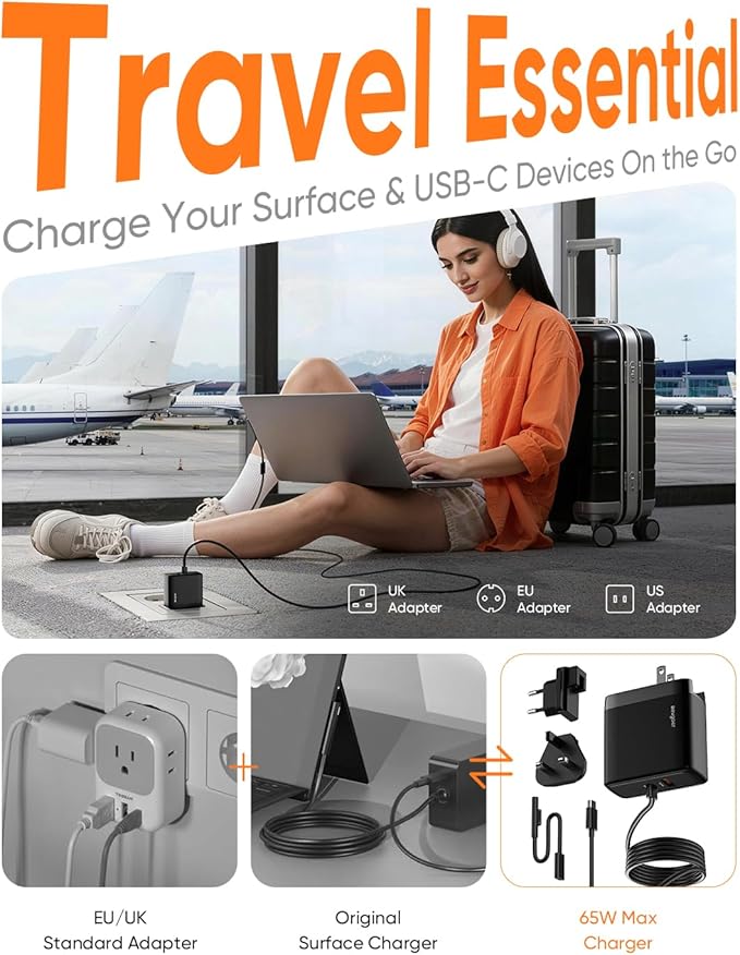 Surface Pro Charger, 65W Microsoft Surface Charger for Pro 3/4/5/6/7/8/9/10/X/11/12 and Compatible with Microsoft Book/Laptop/Tablet, with European/UK Adapter for Travel/Business