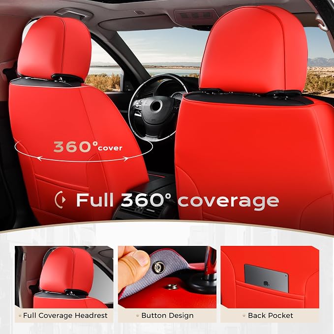 Coverado Car Seat Covers, Front Covers for Cars, Car Seat Cover Front Seats, Automotive Seat Cover, Waterproof, Leather Car Seat Cushion, Universal Interior Covers Seat Protectors for Most Cars Red