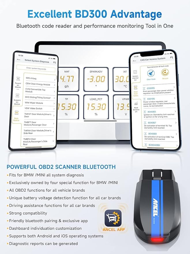 ANCEL BD300 BMW Bluetooth OBD2 Scanner, Full System Code Reader and Diagnostic Tool for BMW with Battery Registration Service Reset EPB CBS ETC ABS Airbag & Powerful OBD2 Functions