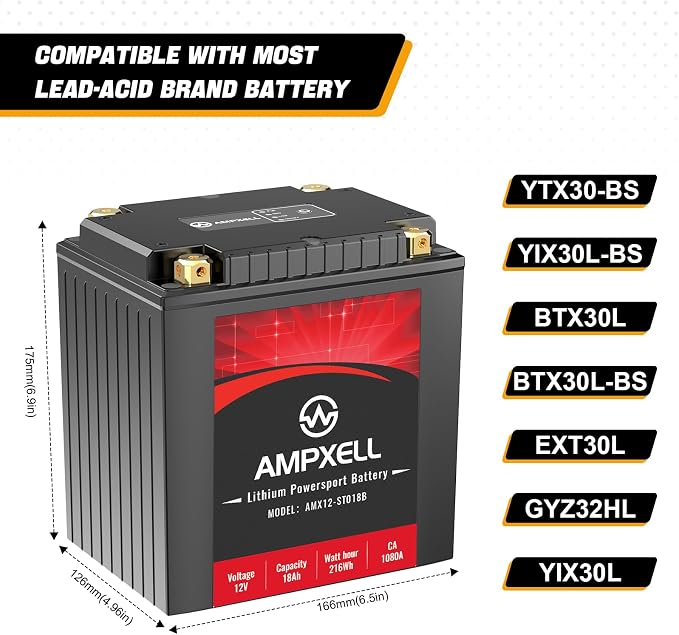 YTX30L-BS Lithium Motorcycle Battery, 12V 18Ah 1080 CCA 6.6 lbs Lightweight, Powersports Replacement for ATV UTV Scooter Generator