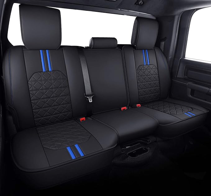 YIERTAI for Dodge RAM Seat Covers fit 2009-2025 2026 1500HD 2010-2025 2026 2500/3500HD Crew Double Quad Rebel Cab Laramie Big Long Horn Rebel Tradesman Leather Seat Covers(5 PCS Full Set/Black-Blue)