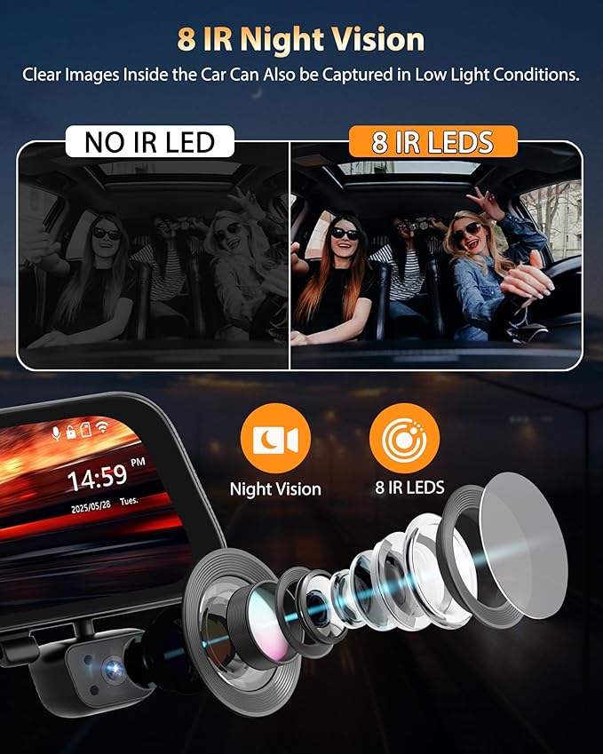 4 Channel Mirror Dash Cam 1080P Front and Rear/Inside 12’’ Touch Screen HD Rearview Mirror Dash Cam with G-Sensor GPS Parking Monitor Built-in WiFi