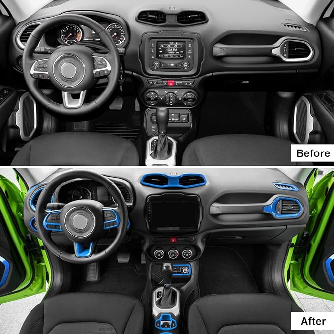 CheroCar 31 PCS Full Set Interior Decoration Trim Kit Steering Button Cover Door Handle Cover Air Outlet Cover Cup Holder Gear Cover Trim Door Speaker Cover for Jeep Renegade 2016-2018,Ligth Blue…