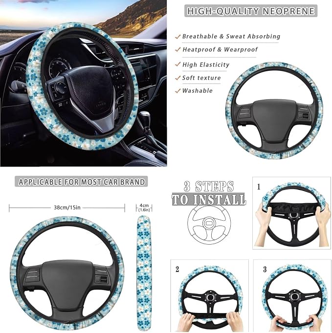 White Blue Cherry Blossom Pattern Car Accessories Car Seat Covers Full Set with Steering Wheel Covers+Seat Belt Pads+Coasters+Keychain+Lipstick Holder Universal Fit(13 Pack)