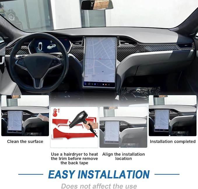 8PCS Real Carbon Fiber Center Console Dashboard Panel Trim Compatible with 2012–2020 Tesla Model S & 2016–2020 Model X, Interior Decor Sticker Accessories