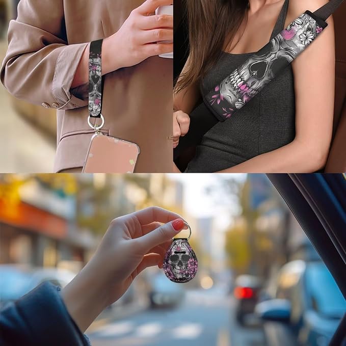 Silver Skull Pattern Auto Seat Cover Set of 13, Purple Flowers Car Front & Back Seat Cover with Steering Wheel Cover, Seat Belt Covers Cup Holder Keychain, Fit for Most Cars SUV