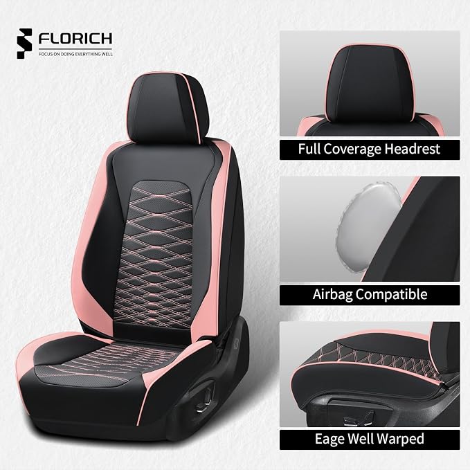 FLORICH Leather Seat Covers, Car Seat Covers Full Set, Car Seat Protector Waterproof, Front and Rear Seat Covers for Cars, Automotive Seat Covers Universal Fit for Most Cars Truck SUV - Pink&Black