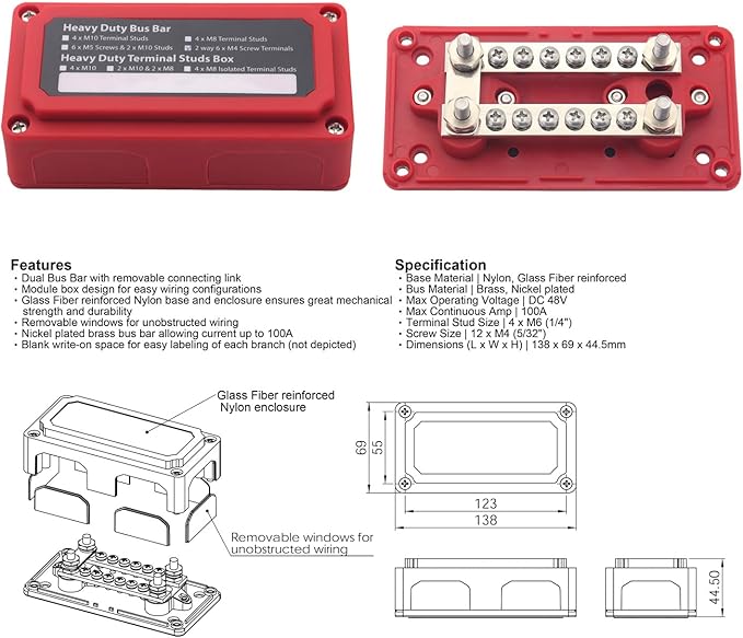 Bus Bar 12V-48V DC 100A Power Distribution Blocks Heavy Duty Module 4X 1/4" Posts+ 12x 5/32" Screws Terminals Double Rows Busbars, 100 Amp Battery Buss Bar with Cover, Red&Black 2 Pack