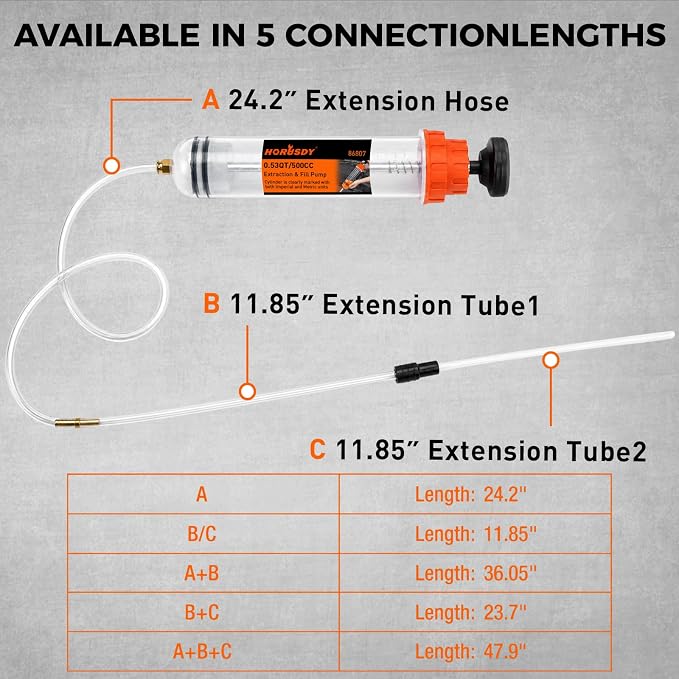 500CC Fluid Extractor and Fill Pump, Manual Oil Syringe Suction Pump with Long Hose and Extension Tubes, Automotive Fluid Transfer Pump for Oil, Brake Fluid, Coolant, Gear Oil, Cars, Boats, Lawn Mower