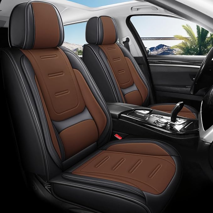 otoez Nappa Leather Car Seat Covers Full Set, Breathable Leather Automotive Seat Covers Front & Rear Seat Protectors with Lumbar Support, Universal Fit for Most Cars SUV Truck Sedan(Black+Brown)