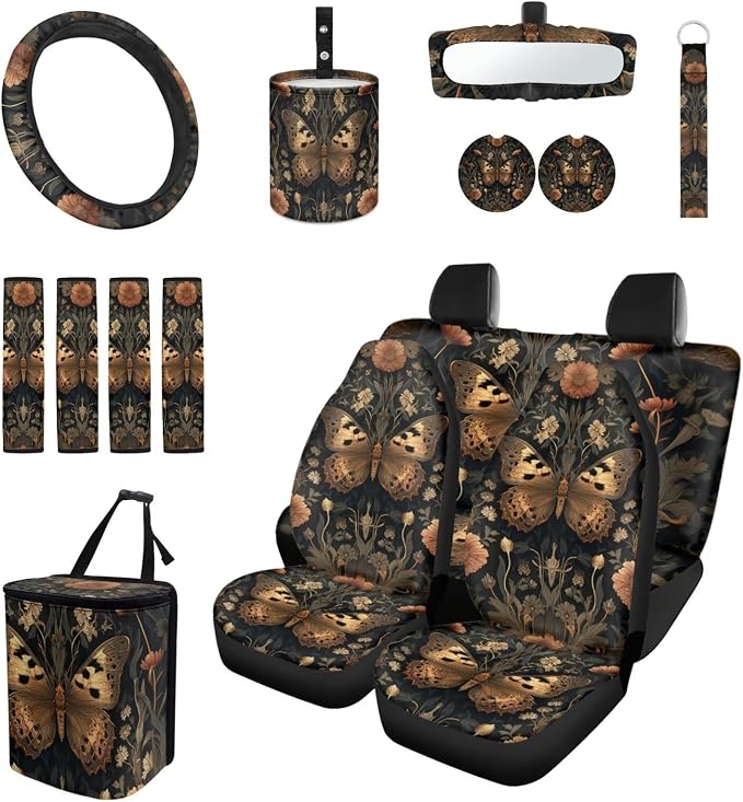 Goth Butterfly 15 PCS Car Seat Cover Set with Auto Steering Wheel Cover Seat Belt Strap Protector Cup Holder Trash Bag Rear View Mirror Protector Keychain
