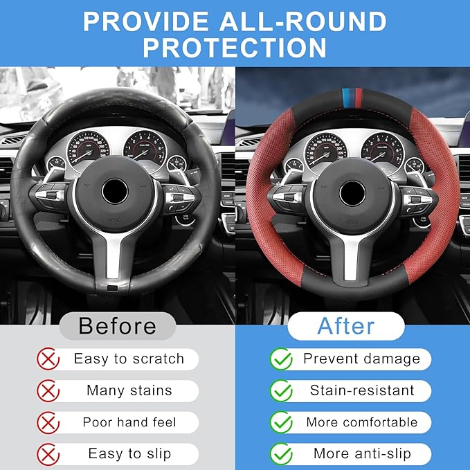 Microfiber Leather DIY Steering Wheel Cover for BMW X5 X2 M F85 X6 M F86 M Sport F30 F33 M3 F80 M4 M5 F82 M2 F87 M6 F12 F13 Accessories, Hand Stitched Full Wrap Steering Wheel Protector (Red)