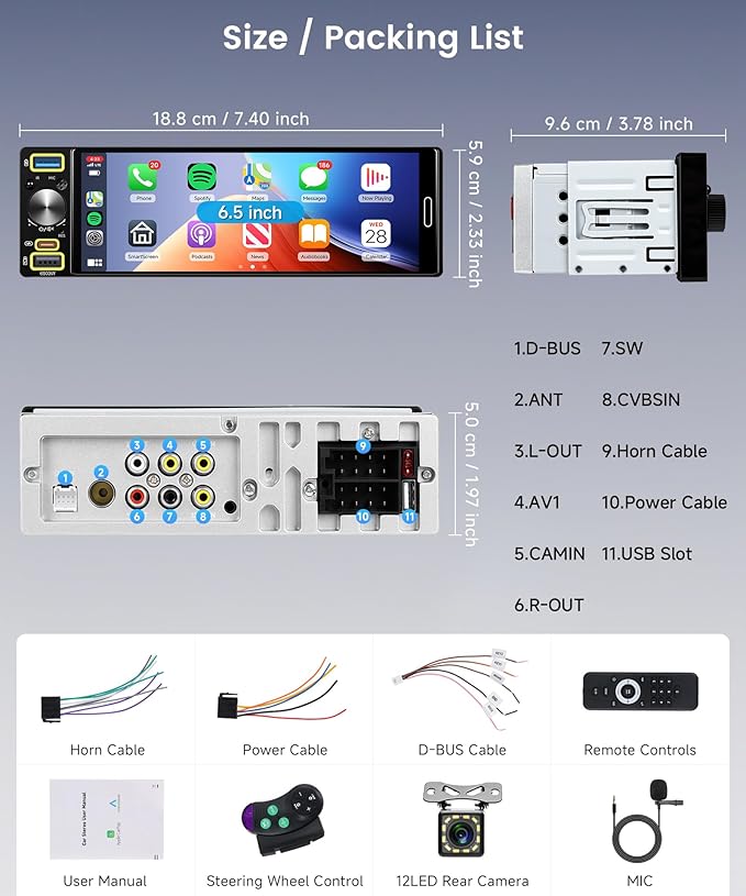 6.5 inch Single Din Car Radio Wireless Carplay Android Auto Car Stereo, 1 Din Radio Incell Touch Screen Stereo Bluetooth 5.2, Mirror Link, FM AM RDS SWC EQ USB Type-C Fast Charging, Backup Camera