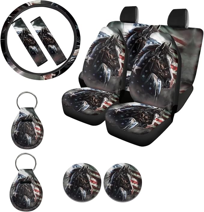 Ystardream American Flag Horse Car Seat Cover Full Set 11 Pcs with Steering Wheel Cover, Auto Seat Belt Covers Keychain & Cup Holder Pads,4th of July Car Accessories Universal Fit for SUV Sedan Truck