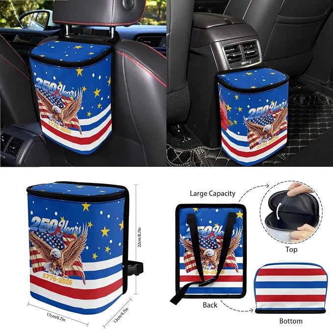Wanyint Car Seat Cover Set 15 PCS, with Steering Wheel Seat Belt Rearview Mirror Cover Garbage Cans Air Vent Pouch Coasters Keychain US 250th Anniversary Auto Decor, American Flag Hibiscus Eagle