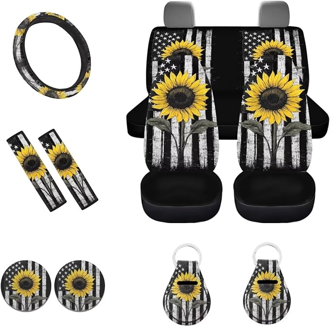 POLERO American Flag Sunflower Seat Cover for Cars Patriotic Car Accessories 11pcs Sets with Steering Wheel Cover/Seatbelt Pads/Coasters/Keychains