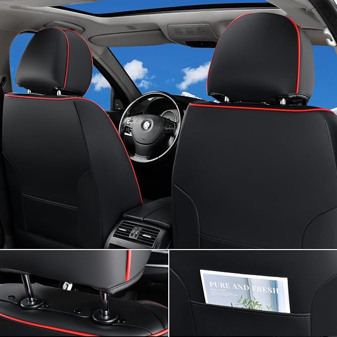 Doogo Car Seat Covers Full Set, Waterproof Car Seat Protector, Universal Automotive Interiors Fit for Most Sedan, SUV, Truck, Pickup, Vans (Black&Red line)