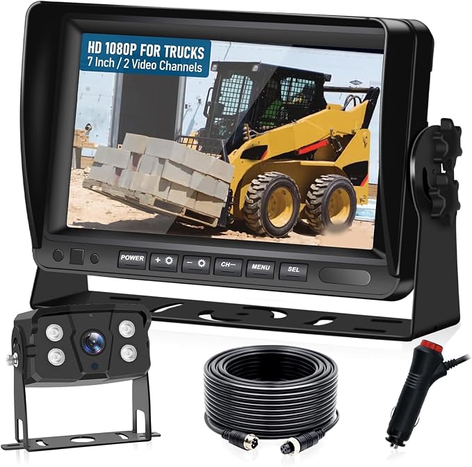 VEKOOTO RV Backup Camera System, AHD 1080P 7'' Monitor Wired Rear View Camera with IR Night Vision IP69 Waterproof Two-Split Screen Design for Tractor Truck RV Bus Skid Steer N71