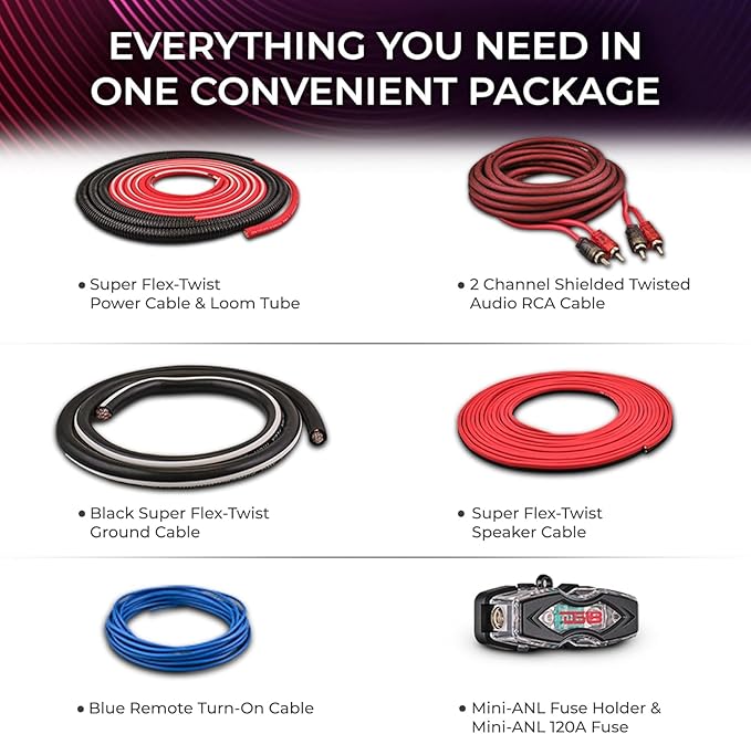 DS18 AKIT4.RD 4-GA Amplifier Installation Kit Up to 1680 Watts RMS, Mini-ANL Fuse Holder, Speaker & RCA Cables, CCA Amplifier Wiring Kit, Ultra Flex Wire, Amp Wire Kit, Amp Wiring Kit 4 Gauge - Red