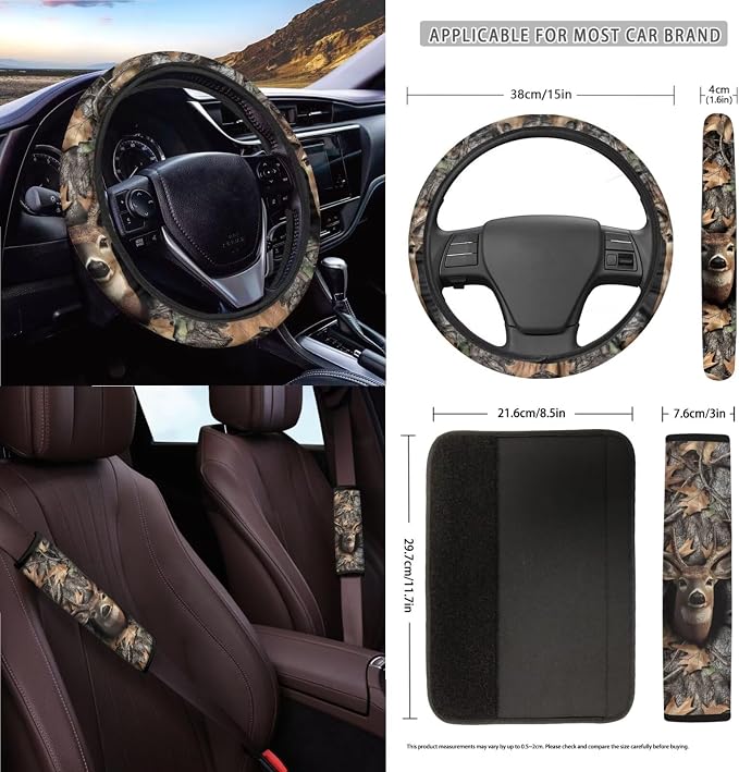 Deer Leaf Camo Pattern Car Accessories Set of 15 Bucket Seat and Rear Bench Cover Steering Wheel Cushion Seatbelt Pad Trash Bin Rearview Mirror Cover Keychain Air Outlet Bag Cup Holders