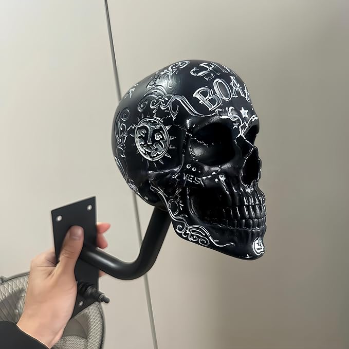 Motorcycle Helmet Skull Holder, Wall Mount Helmet Rack, Resin Crafts,Skull Helmets Holder Suitable for Motorcycle Cap, Baseball Cap, Bicycle Cap, Hat Storage Rack,Sports Gear (Type-D)