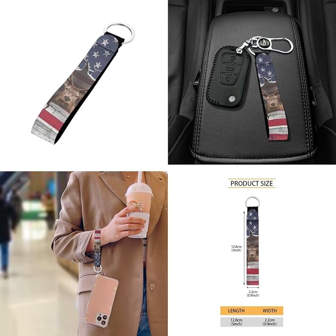 3D Deer American Flag Print 10pcs Car Accessories, Non Fading Auto Front & Rear Seat Cover Steering Wheel Cover Car Trash Can Keychains Coasters Air Vent Storage Bag for Women Men