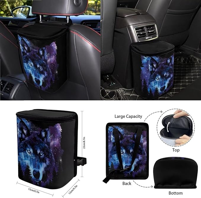 Wolf Galaxy Forest Print Car Seat Covers 15Pcs Full Set Car Steering Wheel Cover Seat Belt Cover Trash Bin Air Vent Storage Box Rear View Mirror Car Cup Holder Keychain