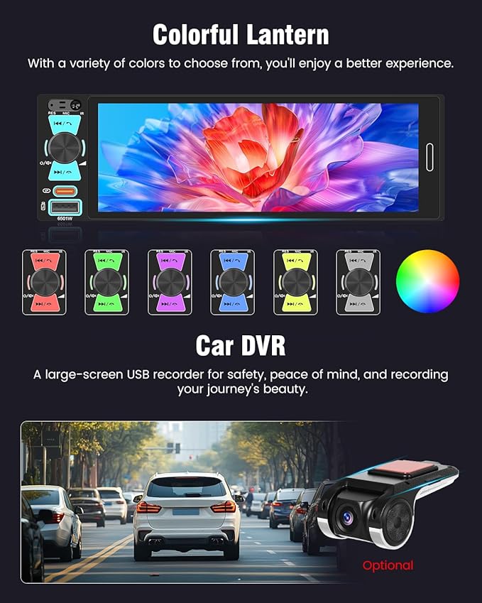 Single DIN Car Radio with Bluetooth Connection, 1 DIN Car Stereo Wireless Apple CarPlay with 6.5" HD in-Cell Touch Screen, FM/AM/RDS, USB + Type-C Ports, Remote Control, SWC, Backup Camera