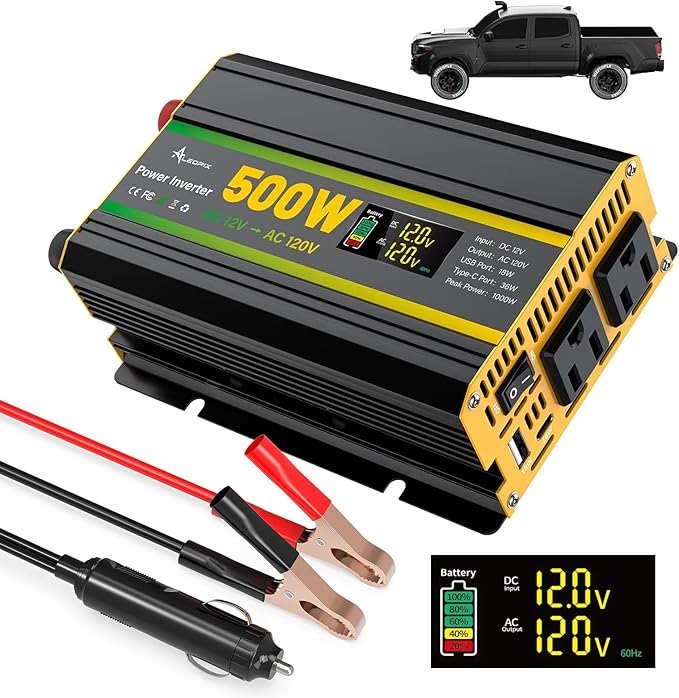500 Watt Power Inverter for Vehicles, Car Power Inverter with 2 AC Outlets/Cigarette Lighter/PD 36W USB-C/QC 18W Port/LED Display, Inverter 12V to 110V for Truck/Car/Laptop/Camping with Surge 1000W