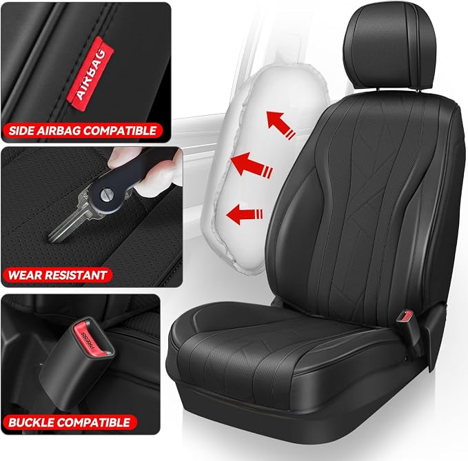 Auto Dynasty Car Seat Covers Front Set, Anti-Slip Automotive Interior Covers with Storage Pocket, Breathable Car Seat Protectors, Airbag Compatible, Universal Fit Most Vehicles, Black (Touring Series)