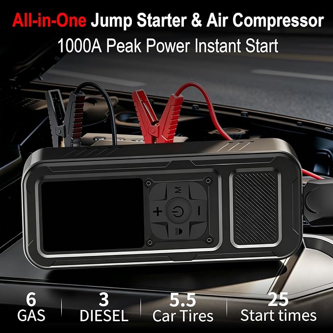 1000A Portable Car Jump Starter with Air Compressor, 150PSI Smart Tire Inflator for Cars, Trucks & SUVs, 12V Battery Booster with LCD, USB-C Fast Charging, LED Emergency Light &