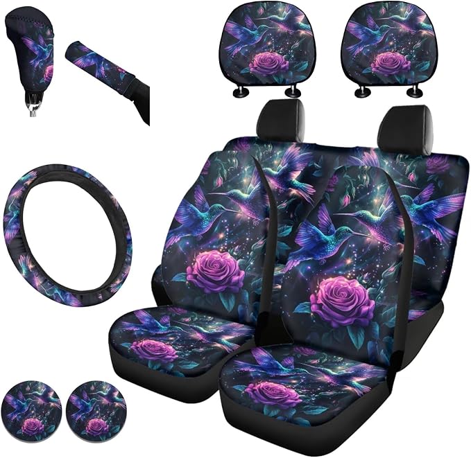 KEIAHUAN Purple Rose Hummingbird Car Seat Cover Full Set for Women with Steering Wheel Cover/Cup Coasters/Gear Shift & Handbrake Cover/Headrest Cushion Pads Fit Most Van Sedan Truck SUV